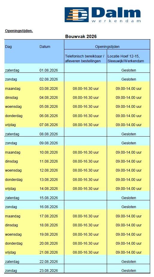Openingstijden zomer 2026