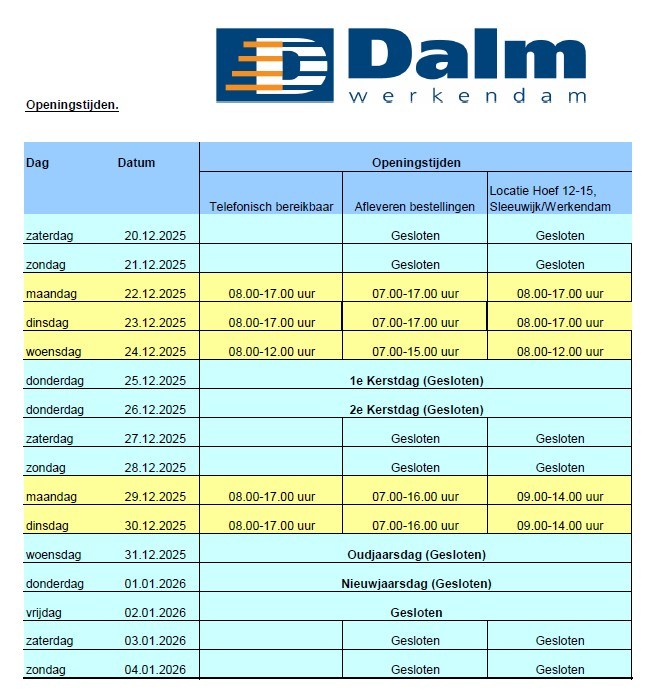 Openingstijden Kerst 2025